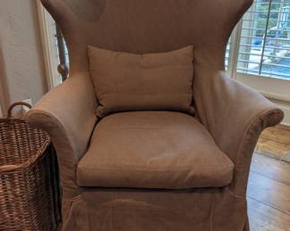 PAIR OF CENTURY FURNITURE SLIPCOVERED WINGBACK CHAIRS WITH OTTOMANS - 47.5" H TO HIGHEST POINT, 37" W ACROSS FRONT, 42" W ACROSS BACK