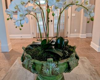 FAUX WHITE ORCHID ARRANGEMENT IN GREEN GLAZED POT