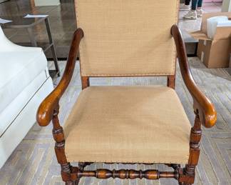 PAIR OF FRENCH COUNTRY HIGH BACK BURLAP ARMCHAIRS - 46"H, 21.5"W, 24" DEPTH, 17" SEAT HEIGHT