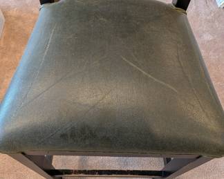 SET OF 3 WELL LOVED BLACK WOOD COUNTER HEIGHT STOOLS WITH GREEN LEATHER  - 41"H, 19" W, 18" DEPTH, 25" SEAT HEIGHT