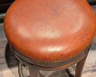 SET OF 4 LEATHER AND WOOD SWIVEL BAR STOOLS WITH NAILHEAD TRIM  - 28" H, 19" ROUND