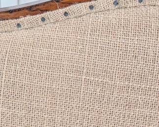 DETAIL: PAIR OF FRENCH COUNTRY HIGH BACK BURLAP ARMCHAIRS - 46"H, 21.5"W, 24" DEPTH, 17" SEAT HEIGHT