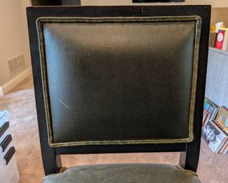 SET OF 3 WELL LOVED BLACK WOOD COUNTER HEIGHT STOOLS WITH GREEN LEATHER  - 41"H, 19" W, 18" DEPTH, 25" SEAT HEIGHT