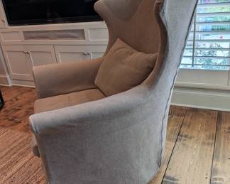 PAIR OF CENTURY FURNITURE SLIPCOVERED WINGBACK CHAIRS WITH OTTOMANS - 47.5" H TO HIGHEST POINT, 37" W ACROSS FRONT, 42" W ACROSS BACK