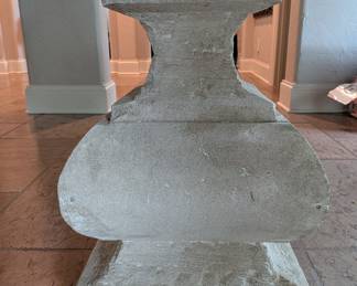 SQUARE WOOD TOP TABLE WITH CARVED STONE PEDESTAL BASE - 36" SQUARE, 30" H