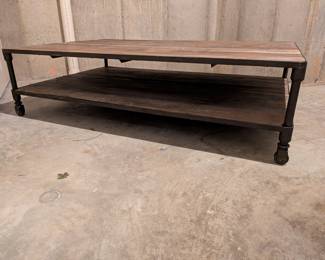 RECLAIMED WOOD AND METAL CASTER COFFEE TABLE  - 67"L, 43.5"W, 18"H