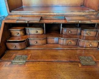 GEORGE III STYLE WALNUT MIRRORED SECRETARY DESK -  76" H, 29" W, 22" DEPTH, OPEN WITH DROP DOWN DESK IS 32"