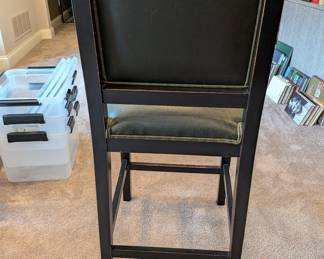 SET OF 3 WELL LOVED BLACK WOOD COUNTER HEIGHT STOOLS WITH GREEN LEATHER  - 41"H, 19" W, 18" DEPTH, 25" SEAT HEIGHT