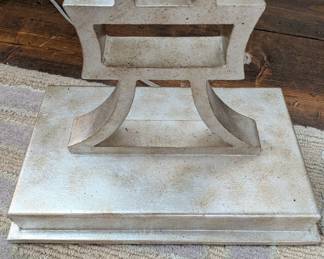 DETAIL OF BASE: MODERN GEOMETRIC OPENWORK SILVER FLOOR LAMP - 67" H, 15x22" LAMP SHADE