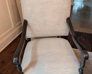 PAIR OF BENCHMARK FURNITURE CARVED WOOD UPHOLSTERED ARMCHAIRS - 2 OF THESE, 8 ADDITIONAL MATCHING CHAIRS FOR DINING SET - 47"H, 24"W