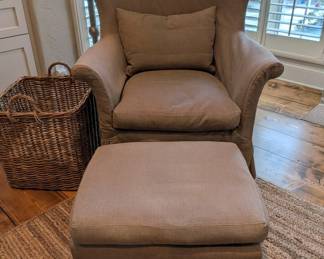 PAIR OF CENTURY FURNITURE SLIPCOVERED WINGBACK CHAIRS WITH OTTOMANS - 47.5" H TO HIGHEST POINT, 37" W ACROSS FRONT, 42" W ACROSS BACK