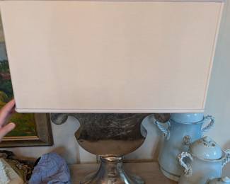 HAMMEPAIR OF SILVER METALLIC TABLE LAMP WITH RECTANGULAR SHADE - 30" INCLUDING FINIAL, 23" LAMP SHADE WIDTH
