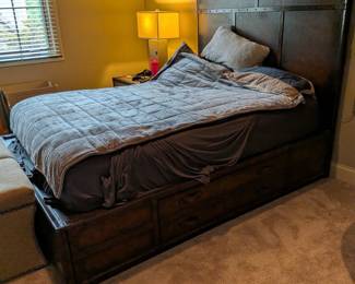 LEATHER TRUNK STYLE PLATFORM STORAGE BED, DRAWERS ON BOTH SIDES - 86"L, 66"W, 59"H OF HEADBOARD