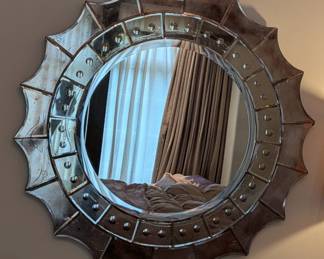 LARGE ANTIQUED MIRRORED SUNBURST/NAUTICAL WALL MIRROR - 34.5" ROUND