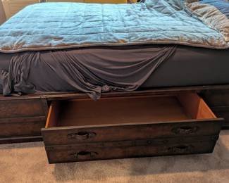 LEATHER TRUNK STYLE PLATFORM STORAGE BED, DRAWERS ON BOTH SIDES - 86"L, 66"W, 59"H OF HEADBOARD
