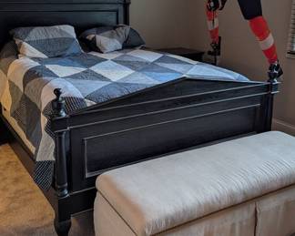 BLACK WOODEN QUEEN BED FRAME WITH HEADBOARD AND FOOTBOARD BOX SPRING, MATTRESS AND BEDDING INCLUDED - 87" L, 66" W, 60" HEADBOARD HEIGHT, 37" FOOTBOARD HEIGHT