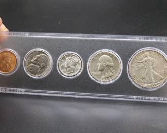Lot 72. Five-coin 1939 type set including penny, nickel, dime, quarter, and half dollar coins.