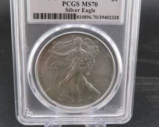 Lot 47. 2020 W First Strike Silver Eagle $1 coin with one troy oz. of fine silver slabbed and graded PCGS MS70