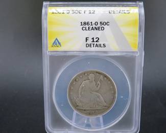 Lot 252. 1861 O Liberty Seated Half Dollar slabbed and graded ANACS F 12 Details Cleaned