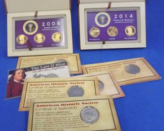 Lot 62. $10.50 face value of collectible and silver U.S. coins. 2008 and 2014 sets of three each presidential dollars. One 1971 Eisenhower dollar coin. Five Walking Liberty Half Dollar coins: 1937 D, 1942 P, 1943 P, 1944 S, and 1945 P. One 1963 D Franklin Half Dollar coin. One Kennedy 1964 Half Dollar coin.