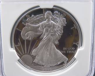 Lot 80. 2016 Lettered Edge First Releases Silver Eagle $1 coin with one troy oz. of fine silver slabbed and graded NGC PF 70 Ultra Cameo