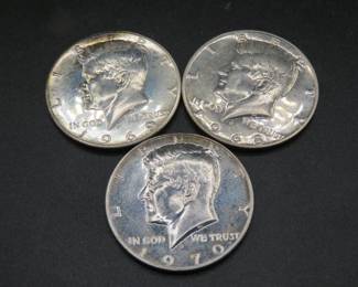 Lot 90. Three 40% silver Kennedy Half Dollar coins: 1968 S, 1969 S, and 1970 S.