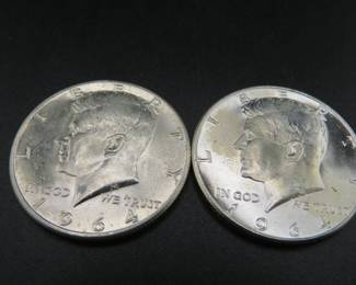 Lot 46. Two 1964 Kennedy 90% silver Half Dollar coins