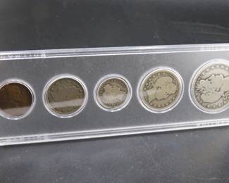 Lot 102. Five-coin 1909 type set including penny, nickel, dime, quarter, and half dollar