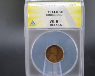 Lot 258. 1914 D Lincoln Wheat Cent slabbed and graded ANACS VG 8 Details corroded