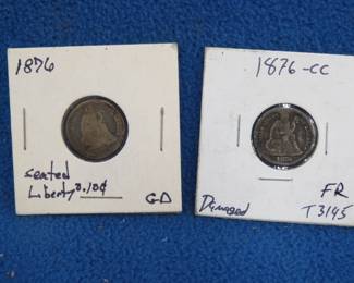 Lot 195. Two Seated Libety Dimes: 1876 CC with some damage, and an 1876 in good condition