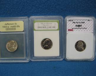 Lot 132. Three slabbed and graded Jefferson Nickels: 1963 INB Gem Proof. 1995 S RNG PR-70 D Cam. 1943 P USCG ms66 6fs
