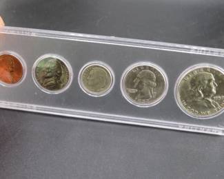 Lot 44. Five-coin 1959 type set including penny, nickel, dime, quarter, and half dollar.