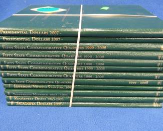 Lot 131. 12 empty matching coin albums in excellent condition including nickels, dimes, quarters, and dollar coins