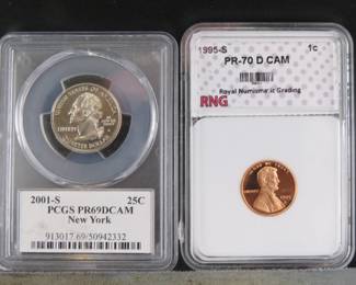 Lot 133. 2001 S Washington quarter slabbed and graded PCGS PR69 DCAM, and a 1995 S Lincoln Penny slabbed and graded RNG PR-70 D CAM