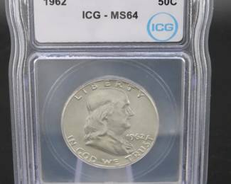 Lot 13. 1962 Franklin Half Dollar coin slabbed and graded ICG-MS64