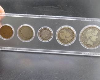 Lot 101. Five-coin 1899 type set including penny, nickel, dime, quarter, and half dollar