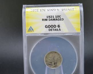 Lot 251. 1921 Mercury Dime slabbed and graded ANACS Good 6 Details Rim Damaged