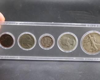 Lot 105. Five-coin 1934 type set including penny, nickel, dime, quarter, and half dollar