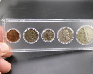 Lot 71. Five-coin 1938 type set including penny, nickel, dime, quarter, and half dollar coins. A type set is a coin collection from a single year based one coin design or type rather than specific dates or mint marks.