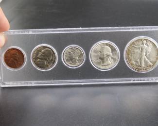 Lot 78. Five-coin 1945 type set including penny, nickel, dime, quarter, and half dollar coins.