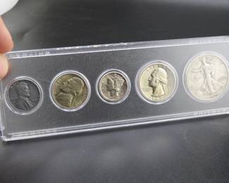 Lot 76. Five-coin 1943 type set including penny, nickel, dime, quarter, and half dollar coins.