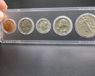 Lot 73. Five-coin 1940 type set including penny, nickel, dime, quarter, and half dollar coins.