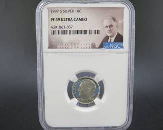 Lot 254. 1997 S Silver Roosevelt Dime slabbed and graded NGC PF 69 Ultra cameo