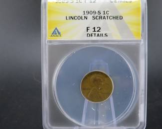Lot 259. 1909 S Lincoln Wheat Cent slabbed and graded ANACS F 12 Details Lincoln Scratched