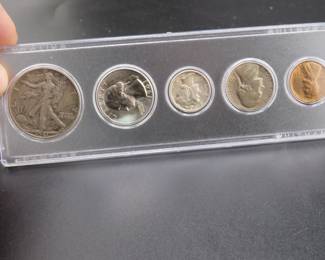 Lot 74. Five-coin 1941 type set including penny, nickel, dime, quarter, and half dollar coins.