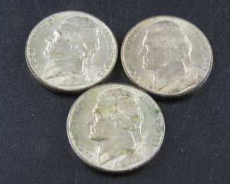 Lot 307. Three Jefferson 35% Silver War Nickels: 1942S, 1943P, and 1944D.