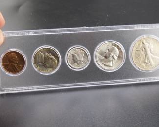 Lot 77. Five-coin 1944 type set including penny, nickel, dime, quarter, and half dollar coins.