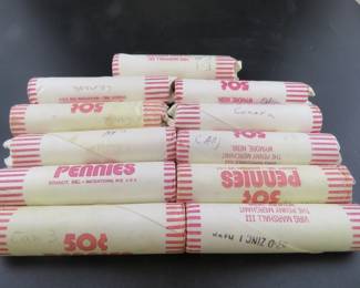 Lot 291. Nine rolls of Canadian Cents (approx. 550 total and 3 1/2 lbs.).