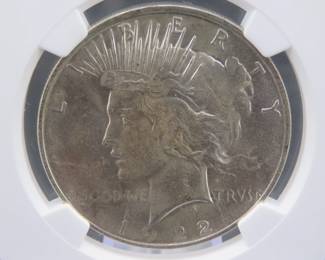 Lot 84. 1922 P Peace Silver Dollar slabbed and graded NGC Brilliant Uncirculated