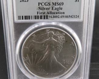 Lot 49. 2023 Silver Eagle First Allocation $1 coin with one troy oz. of fine silver slabbed and graded PCGS MS69.